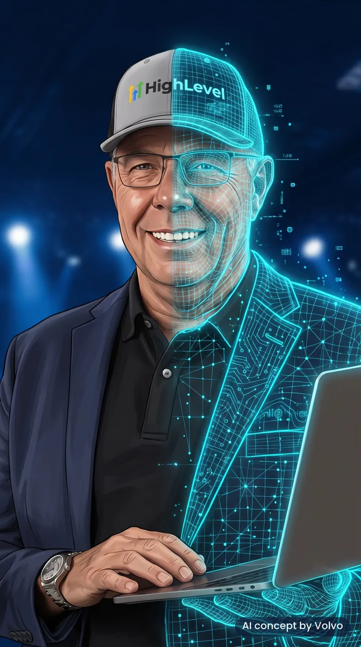Split avatar concept: half illustrated, half wireframe, labelled AI concept by Volvo