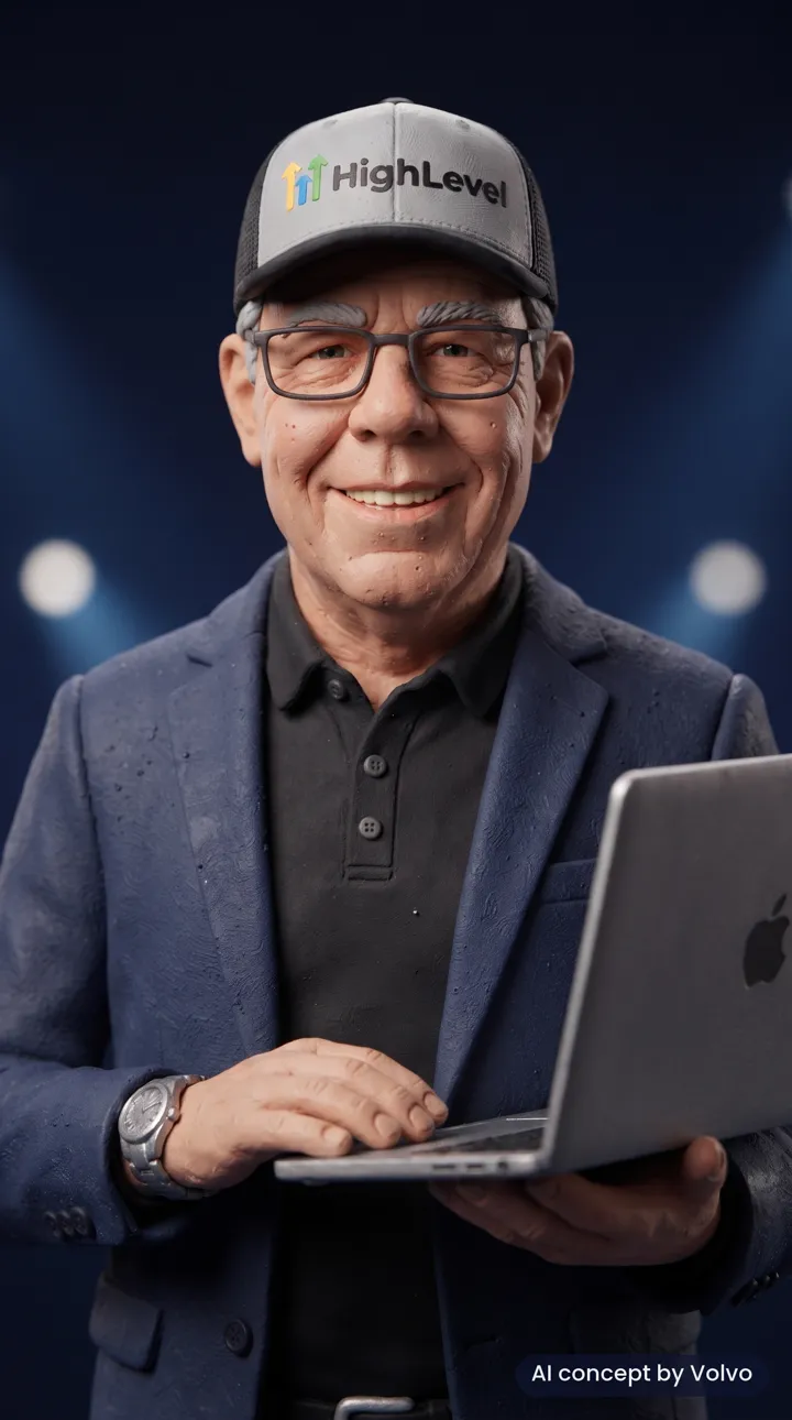 Clay-style avatar concept of Michael Reimer with a laptop, labelled AI concept by Volvo