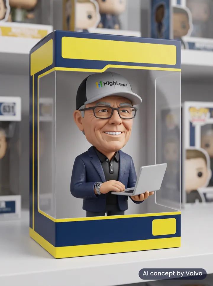 Collectible box avatar concept of Michael Reimer, labelled AI concept by Volvo