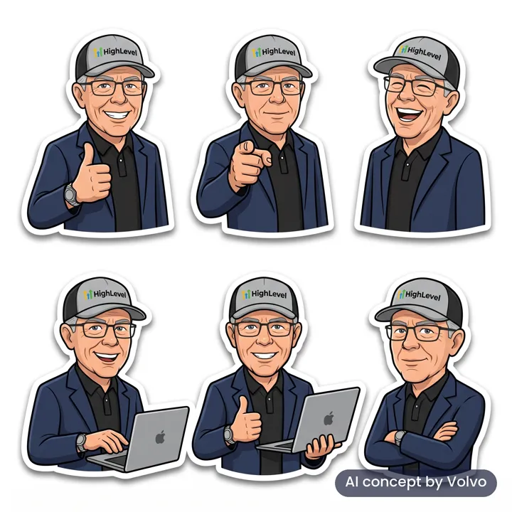 Sticker sheet of avatar poses of Michael Reimer, labelled AI concept by Volvo