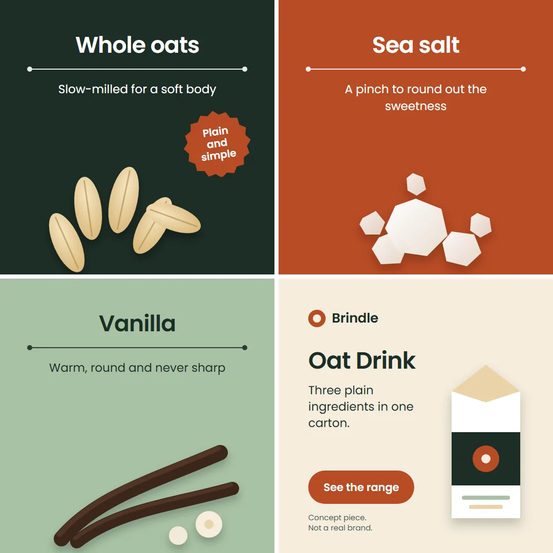 Static ad concept for an invented oat drink brand: a two by two grid of oats, sea salt and vanilla tiles, with a carton and a See the range button.